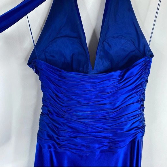 Vintage Cache Silk Dress Halter Scarf Hem Y2K Fairy Retro Ruched Prom Cerulean - Picture 6 of 13